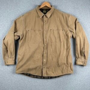 Cabelas Mens Work Flannel Lined Tan Canvas XL Tall Snap Front Shirt Heavy Duty
